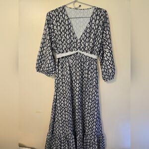 Floral Long Sleeves Maxi Dress Sz XL Blue 3/4 Sleeve Disty Print Traditional